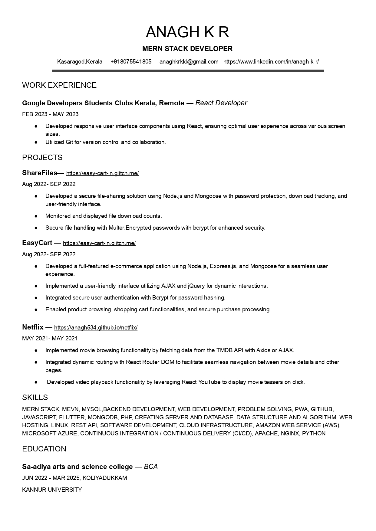 ANAGH K R RESUME